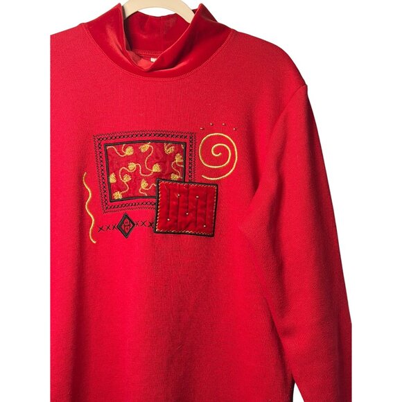 VTG Bobbie Brooks Red Long Sleeve Top Velvet Trim & Embroidered Details Womens L - Picture 2 of 7